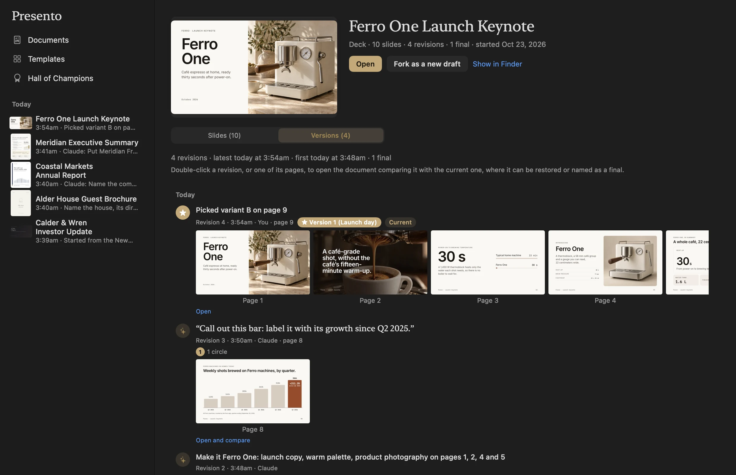 The Library open on the Ferro One Launch Keynote: four revisions listed newest first, each with the request, the time and who made it, the latest starred as Version 1 (Launch day), and thumbnails of the pages each revision changed.
