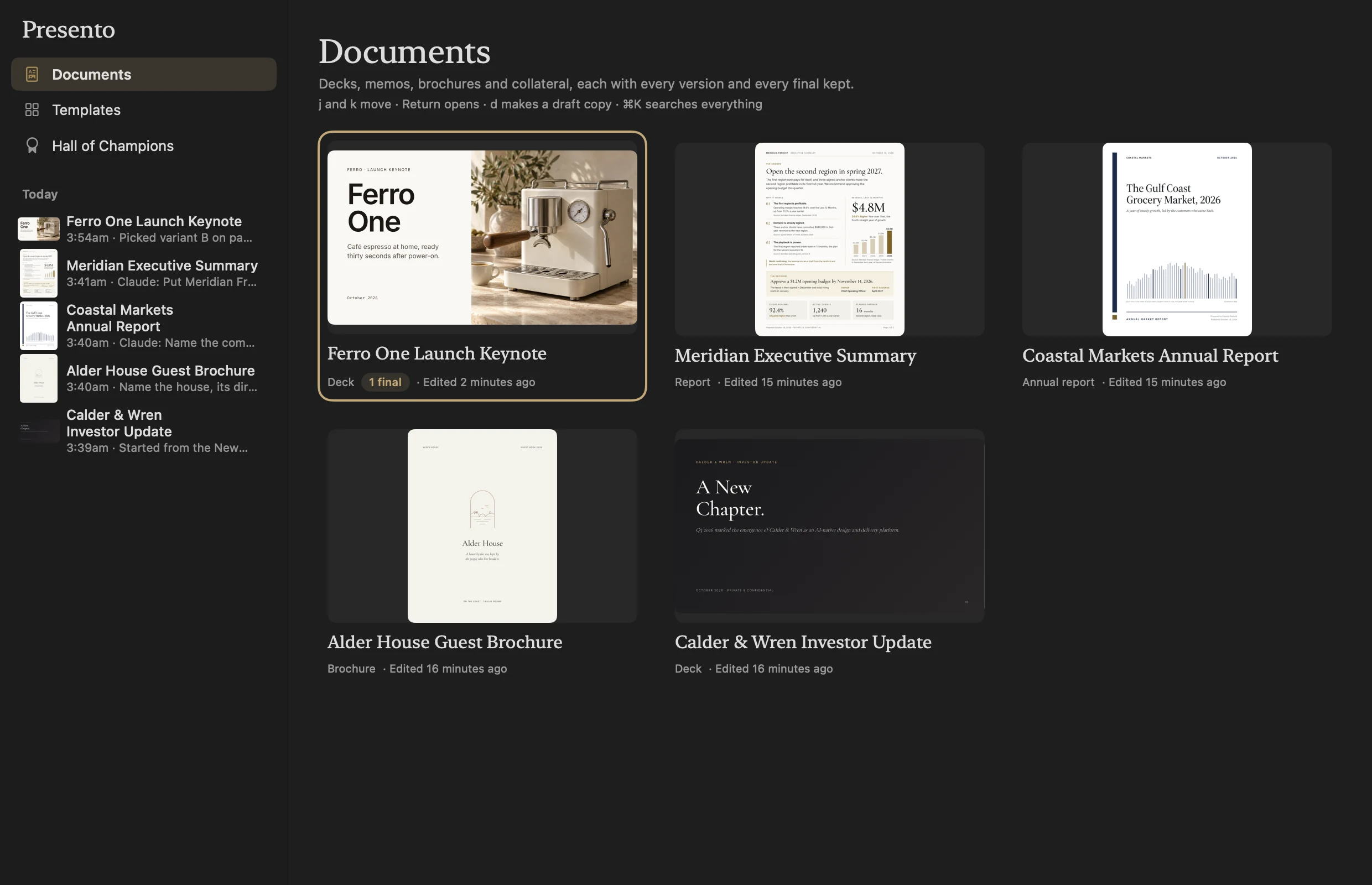The Presento SI Library: five sample documents as page thumbnails: the Ferro One launch keynote, an investor update, a guest brochure, an annual report, and an executive summary, with a sidebar history of recent changes.
