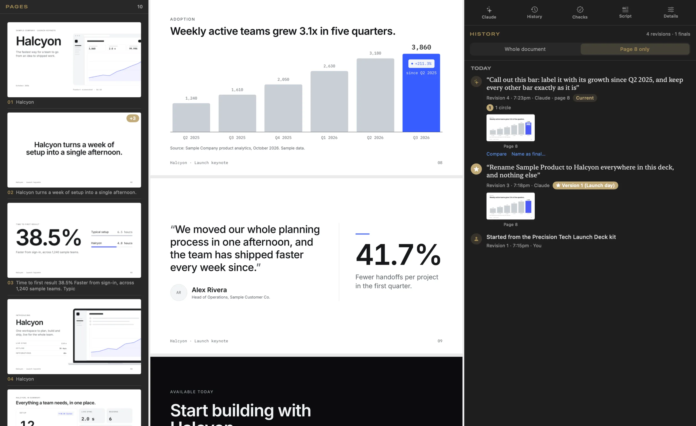 Presento SI's document window: the page list on the left, a sample launch keynote in the middle, and its history on the right, where the request “Call out this bar: label it with its growth since Q2 2025” sits beside the chart Claude changed, its last bar now labeled +211.3%.