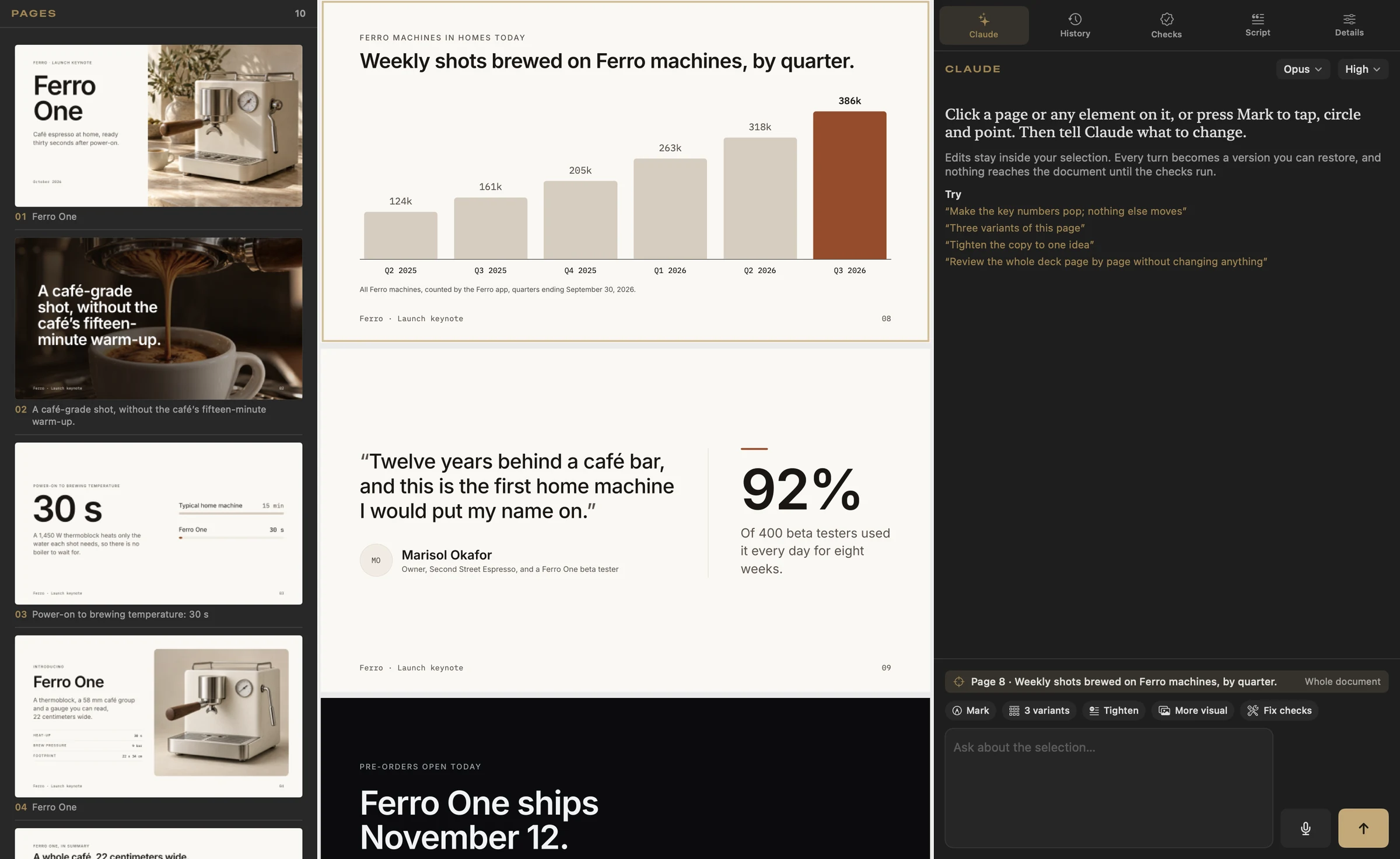 The Presento SI project window: the page strip on the left, page 8 of the Ferro One launch keynote in the middle with a bar chart of weekly espresso shots by quarter, and the AI panel on the right with suggested requests and a scope chip reading Page 8.