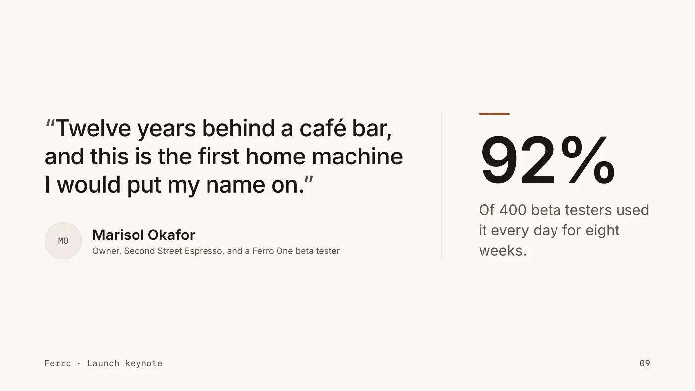 Variant A: the proof slide as it stands, a caf&eacute; owner&rsquo;s quote on the left and 92% of beta testers using it daily on the right.