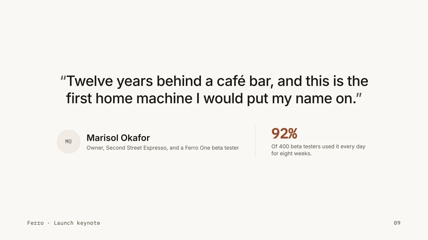 Variant C: the quote centered at headline size, with 92% in the accent color beside the attribution.